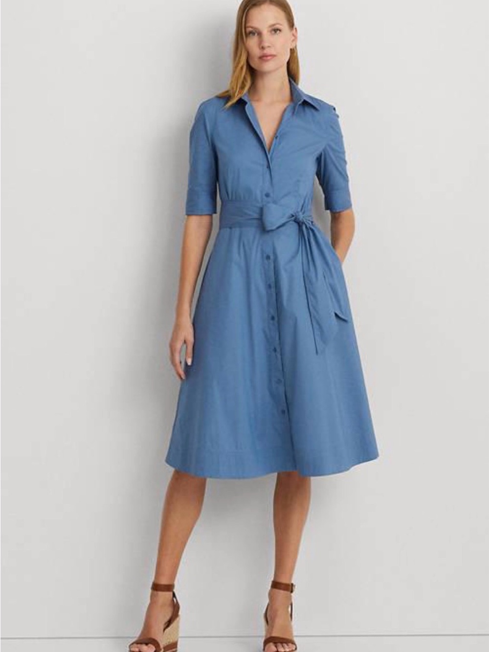 Ralph Lauren Chambray-Blue Shirt Midi Dress with Tie Waist